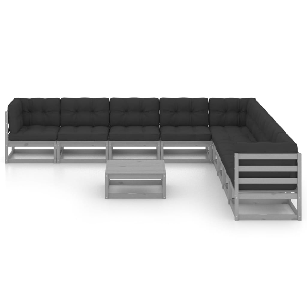 10-tlg. Garten-Lounge-Set mit Kissen Grau Kiefer Massivholz